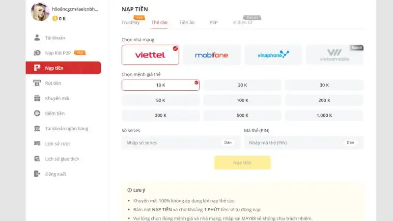Người chơi có thể kiểm tra lịch sử nạp rút trực tiếp trong tài khoản cá nhân